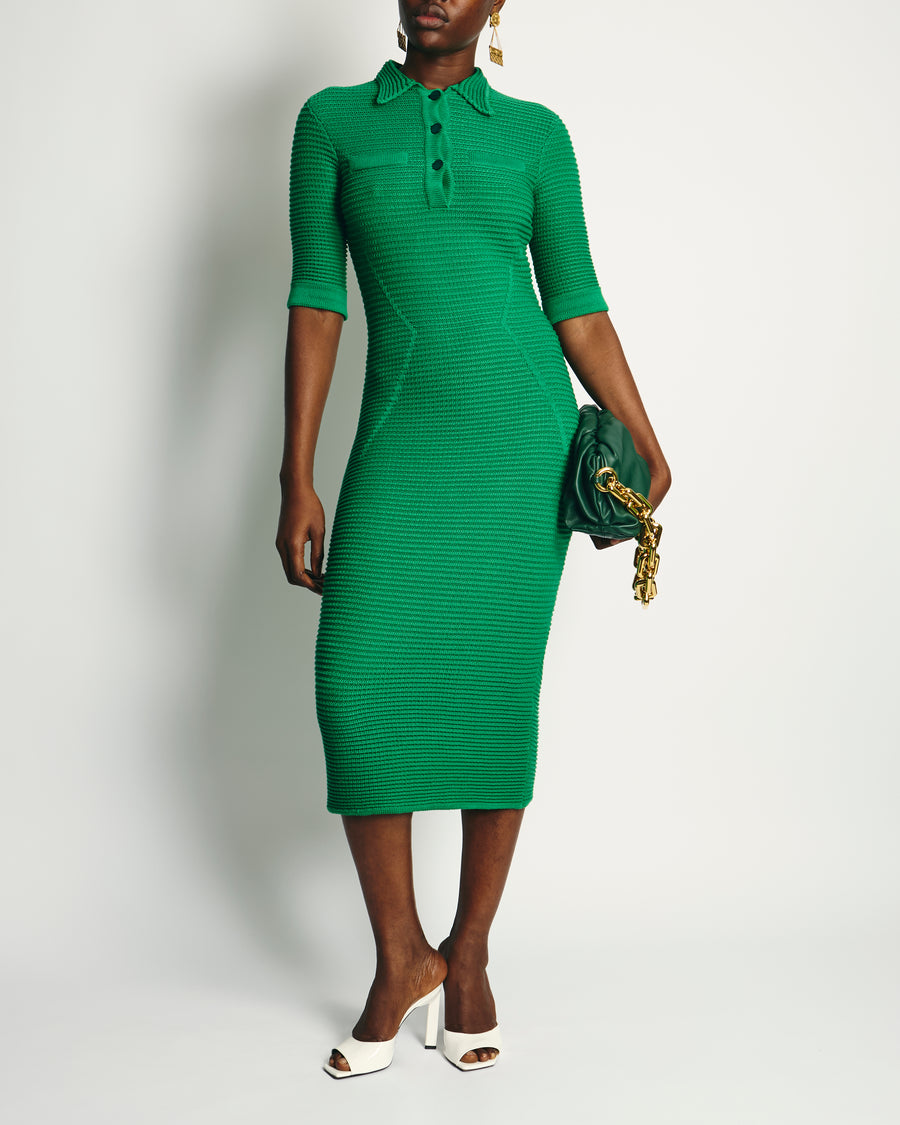 Safiyaa Green Knitted Midi Dress with Button Collar Detail Size S (UK 8)