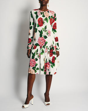 Dolce & Gabbana White Rose Print Long-Sleeved Swing Dress Size IT 46 (UK 14)