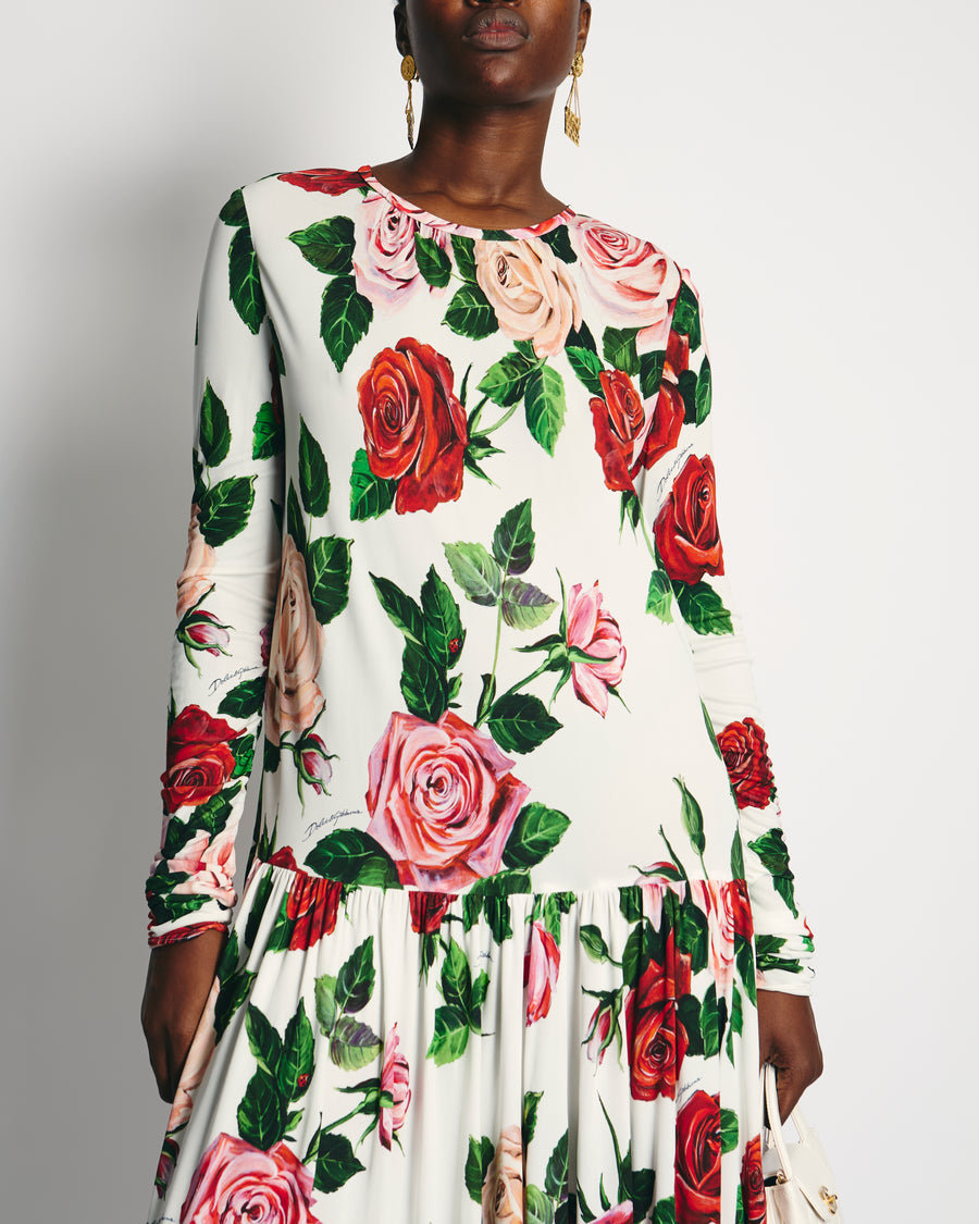 Dolce & Gabbana White Rose Print Long-Sleeved Swing Dress Size IT 46 (UK 14)