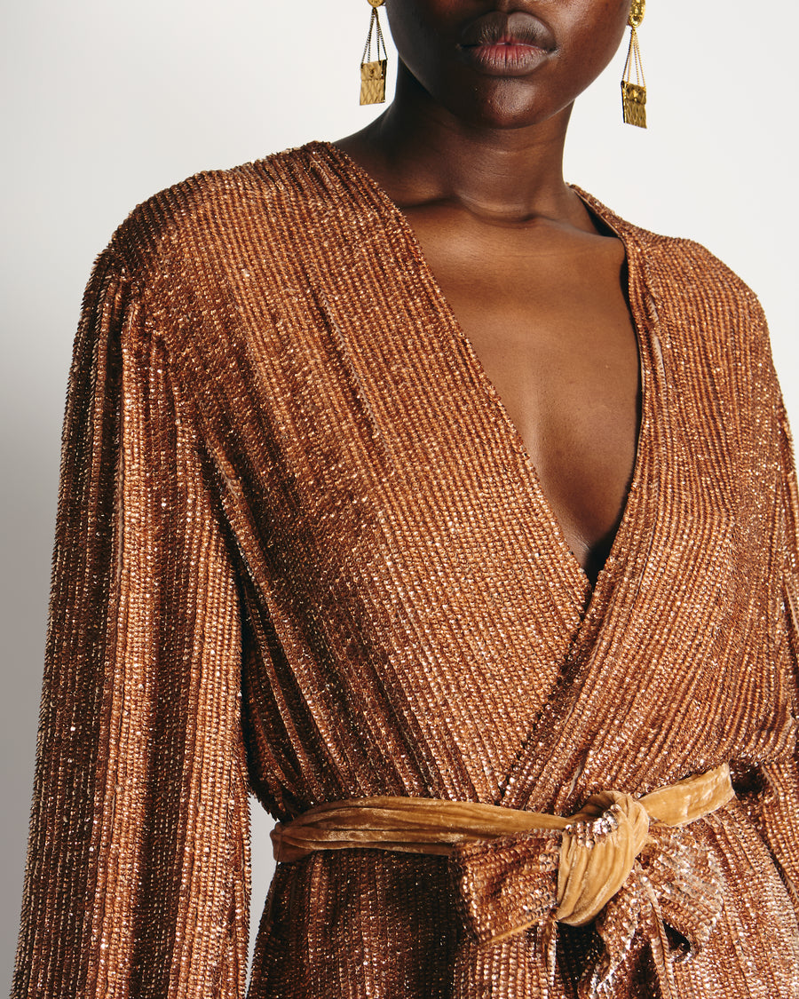 RETROFÊTE Tan Sequin Wrap Dress with Velvet Belt Detail FR 34 (UK 6)