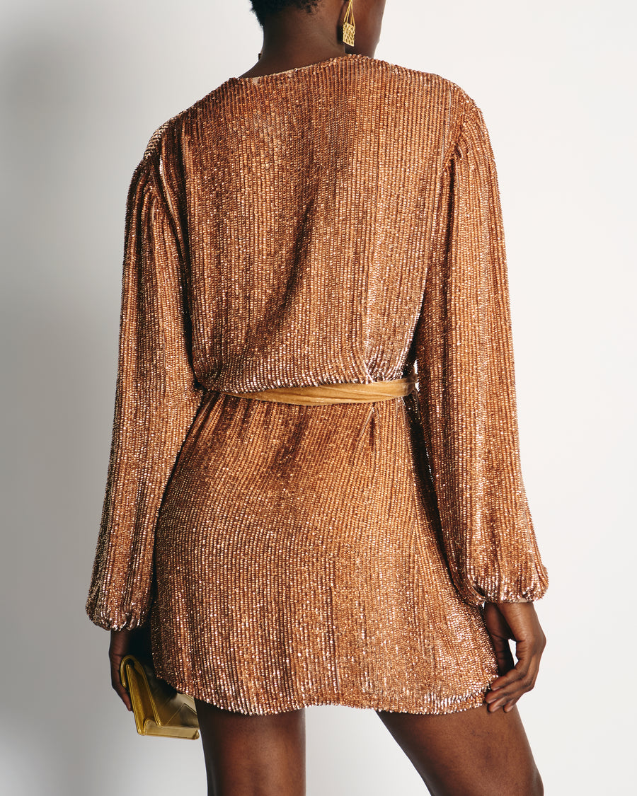 RETROFÊTE Tan Sequin Wrap Dress with Velvet Belt Detail FR 34 (UK 6)