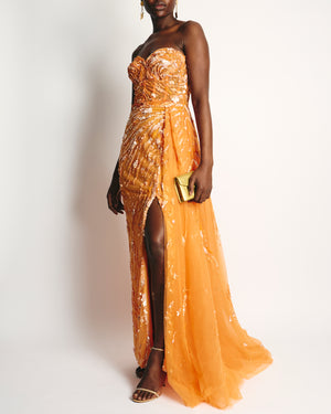 *HOT* Zuhair Murad Orange Sequin Embellished Corset Maxi Dress Size FR 36 (UK 8)