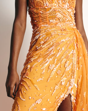 *HOT* Zuhair Murad Orange Sequin Embellished Corset Maxi Dress Size FR 36 (UK 8)