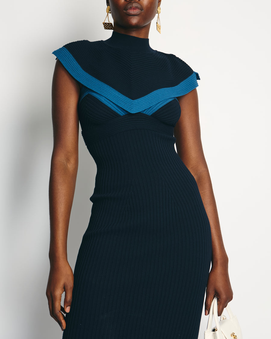 Fendi Blue Dual Tone Ribbed Midi Dress with Matching Bolero Size IT 38 (UK 6)