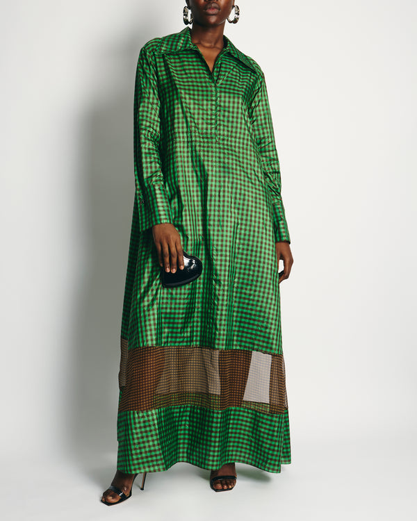 Fendi Green and Brown Silk Checked Maxi Dress with Logo Buttons Size IT 42 (UK 10) RRP £2,250