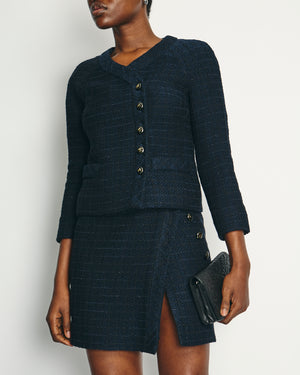 Chanel Black and Navy Tweed Jacket and Mini Skirt Set with Black and Silver Button Detail Size FR 34 (UK 6)