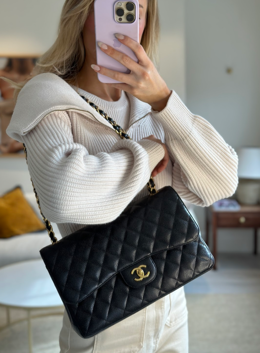 Chanel Black Quilted Caviar Jumbo Classic Double Flap Bag Gold Hardware