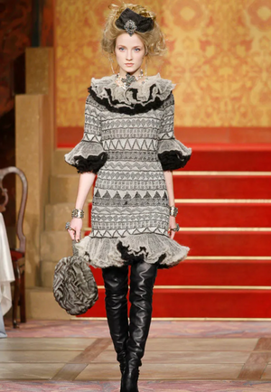 Chanel 2009 Paris-Moscow Black, Grey, Beige Wool and Mohair Mini Ruffle Dress Size FR 38 (UK 10) RRP £3,650