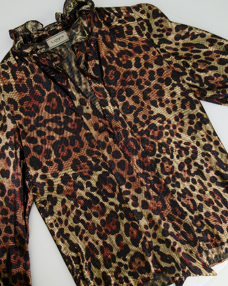 Lanvin Brown Metallic Long-Sleeve Leopard Pattern Blouse Size FR 34 (UK 6)