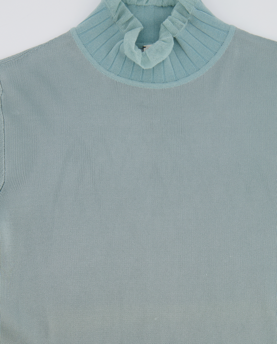 Hermès Baby Blue Silk Long-Sleeve Top with Ruffle Collar Detail Size FR 34 (UK 6)