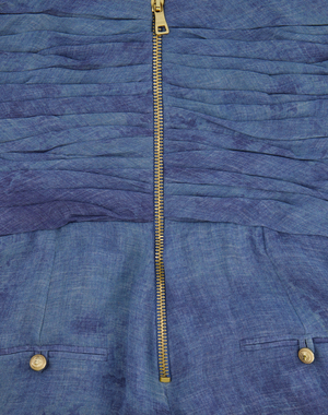 Balmain Denim Blue Silk Jumpsuit with Gold Chain-Straps and Buttons Detail Size FR 38 (UK 10)