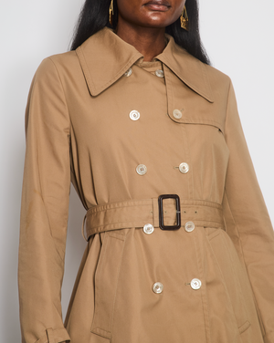 Gucci Camel Long Trench Coat With Silk Printed Interior Detail Size IT 40 (UK 8)