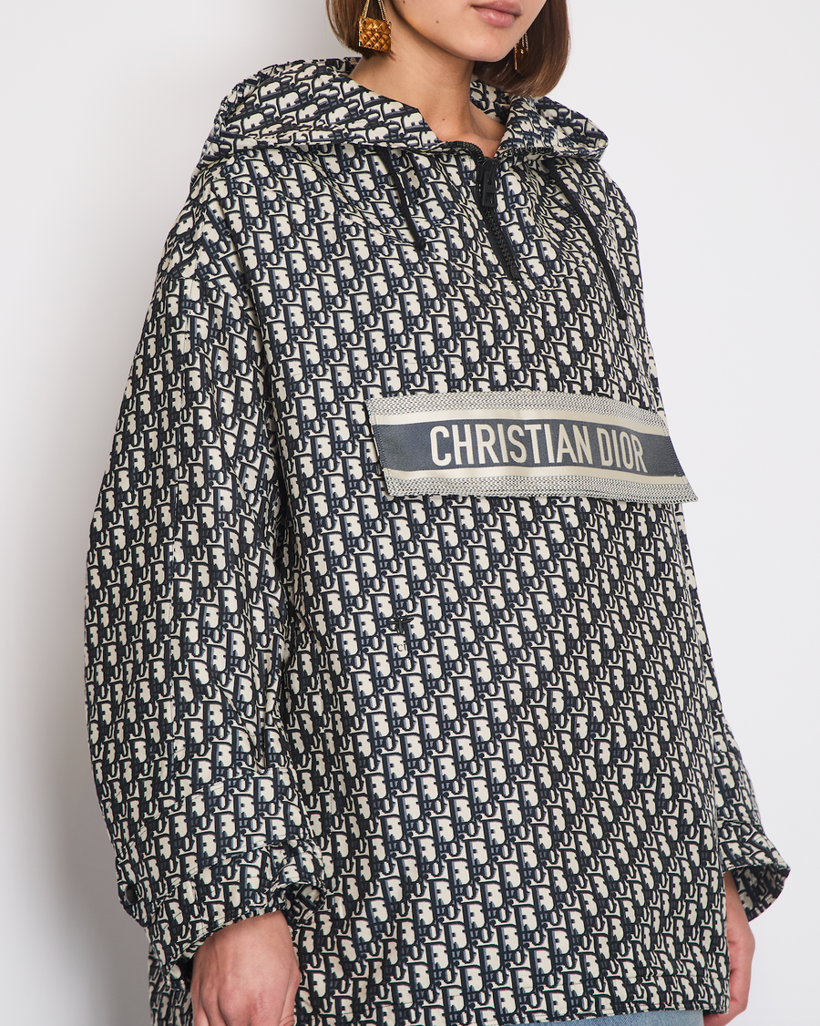 Christian Dior Hooded Anorak in Blue & Ecru Technical Taffeta Jacquard with Dior Oblique Motif Size XS (Size UK 6) RRP £3,100