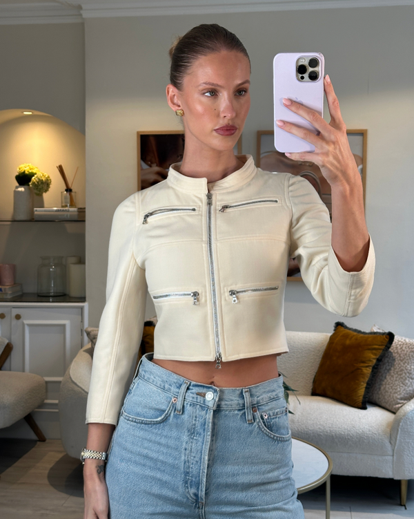 Courreges Cream Cropped Jacket With Silver Zip Details Size FR 34 (UK 6)