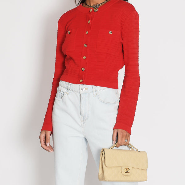 Chanel Vintage Red Ribbed Knit Long-Sleeve Cardigan with Gold 