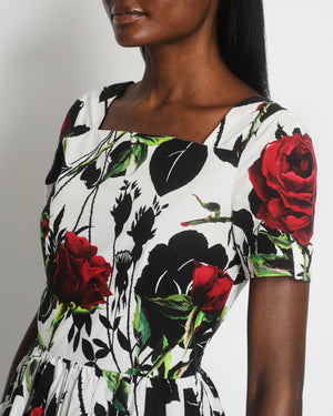 Dolce & Gabbana White and Black Rose Printed Mini Dress Size IT 44 (UK 12)