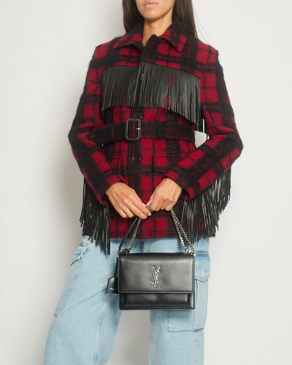 Saint Laurent Red & Black Lumberjack Jacket with Leather Fringe and Belt Details Size FR 38 (UK 10)