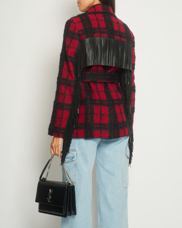 Saint Laurent Red & Black Lumberjack Jacket with Leather Fringe and Belt Details Size FR 38 (UK 10)