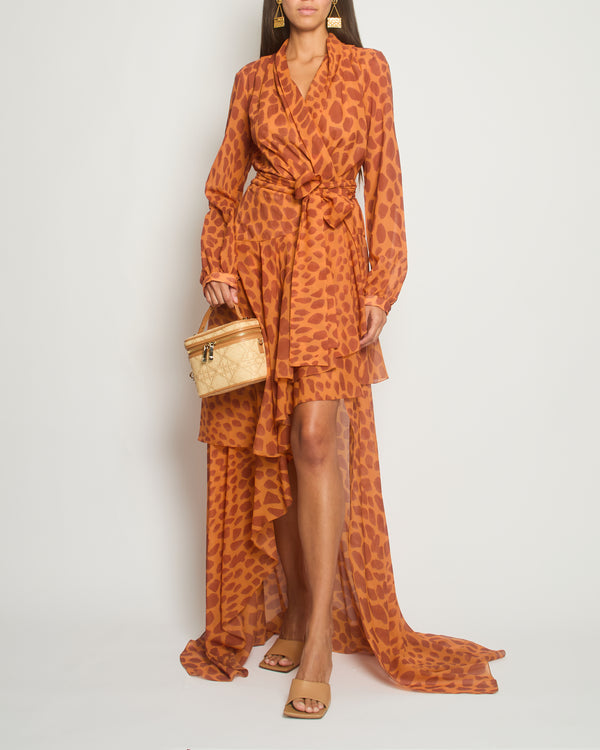 Pat Bo Giraffe Printed Orange & Brown Ruffled Wrap Around Gown Size Small (UK 8)