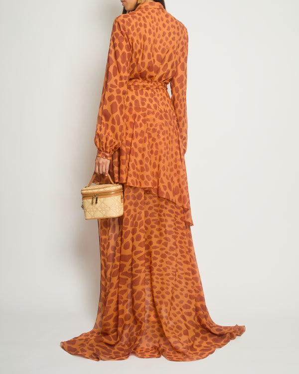 Pat Bo Giraffe Printed Orange & Brown Ruffled Wrap Around Gown Size Small (UK 8)