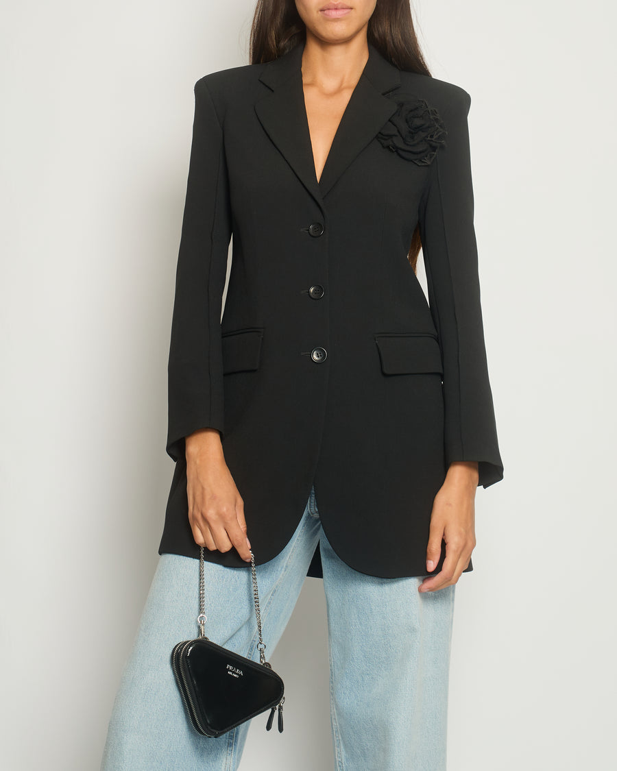 Ermanno Scervino Black Single-Breasted Blazer Jacket with Black Flower Patch Detail Logo Button Detail Size IT 36 (UK 4)