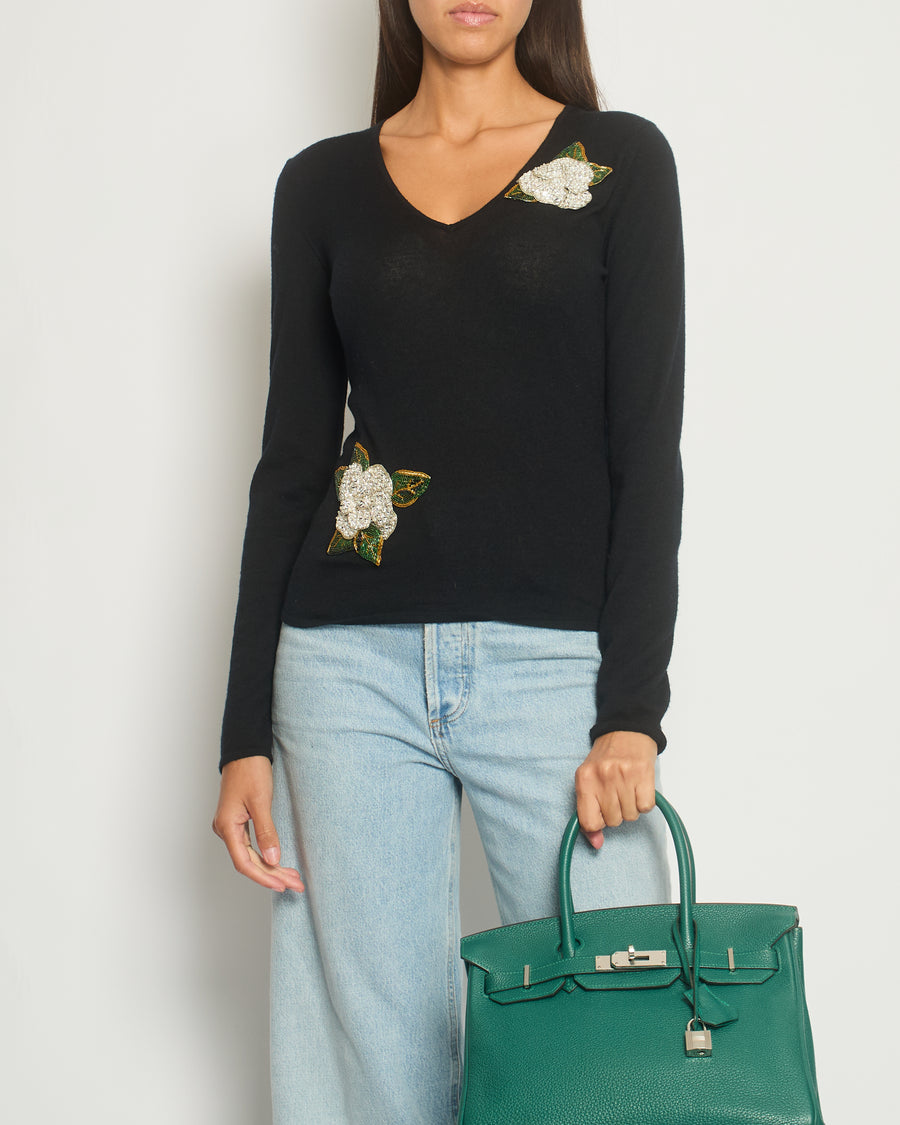 Chanel Black Cashmere V-Neck Jumper with Embellished Flowers FR 38 (UK 10)