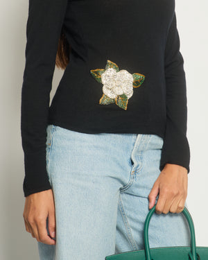 Chanel Black Cashmere V-Neck Jumper with Embellished Flowers FR 38 (UK 10)