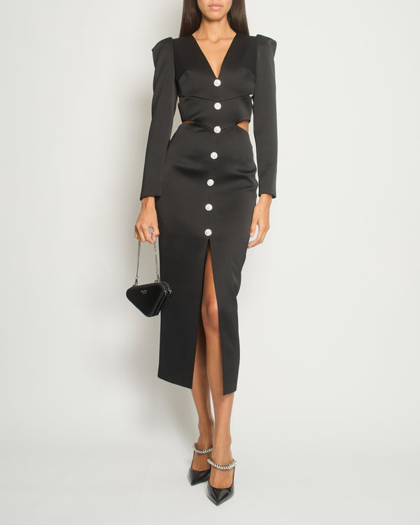 Rasario Black Long-Sleeve Cut-Out Blazer Midi Dress with Crystal Button Size FR 36 (UK 8)