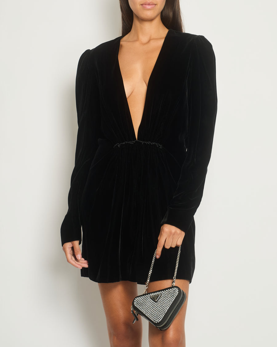 Saint Laurent Black Long Sleeve Velvet V Neck Dress with Ruched Detailing FR 40 (UK 12)