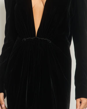 Saint Laurent Black Long Sleeve Velvet V Neck Dress with Ruched Detailing FR 40 (UK 12)