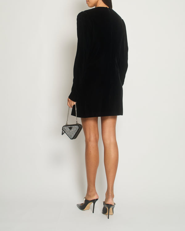 Saint Laurent Black Long Sleeve Velvet V Neck Dress with Ruched Detailing FR 40 (UK 12)