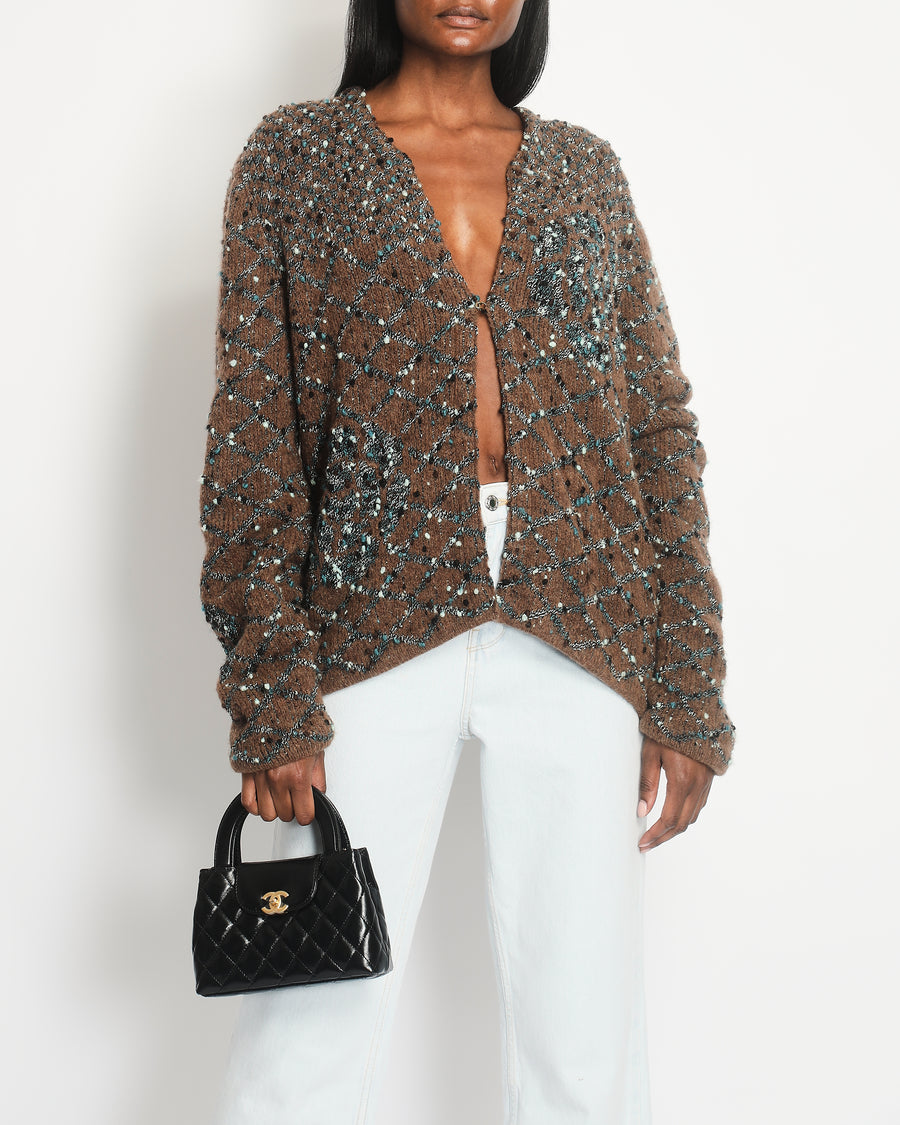 Chanel Brown and Metallic Blue Wool Cardigan with Coco Logo Detail Size FR 40/42 (UK 12/14)