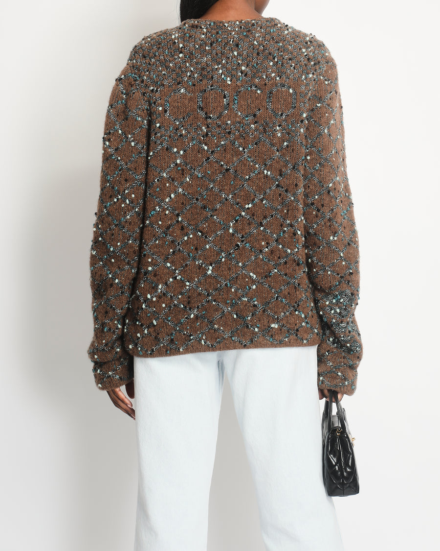 Chanel Brown and Metallic Blue Wool Cardigan with Coco Logo Detail Size FR 40/42 (UK 12/14)