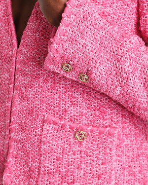 *HOT* Chanel 21C Pink Tweed Jacket and Skirt Set with CC Logo Buttons Size FR 42 (UK 14)