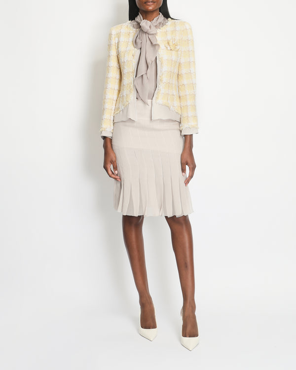 Chanel 04C Yellow and White Tweed Jacket and Grey Silk Shorts Set with Camelia Tweed Pin Detail Size FR 36 (UK 8)