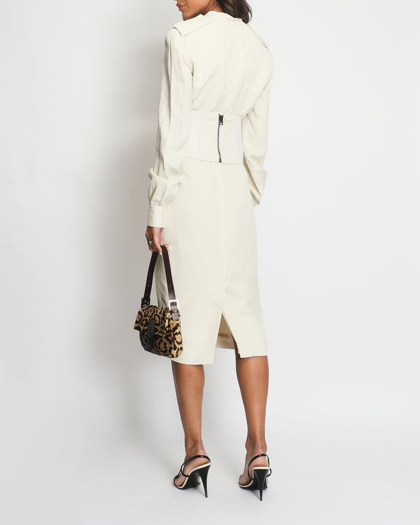 Tom Ford Cream Long Sleeve Shirt Dress with Overlayered Corset IT 38 (UK 6)