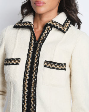 Chanel Cream Tweed Jacket with Brown, White ZigZag Trim Detail Size FR 38 (UK 10)