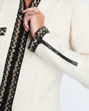 Chanel Cream Tweed Jacket with Brown, White ZigZag Trim Detail Size FR 38 (UK 10)