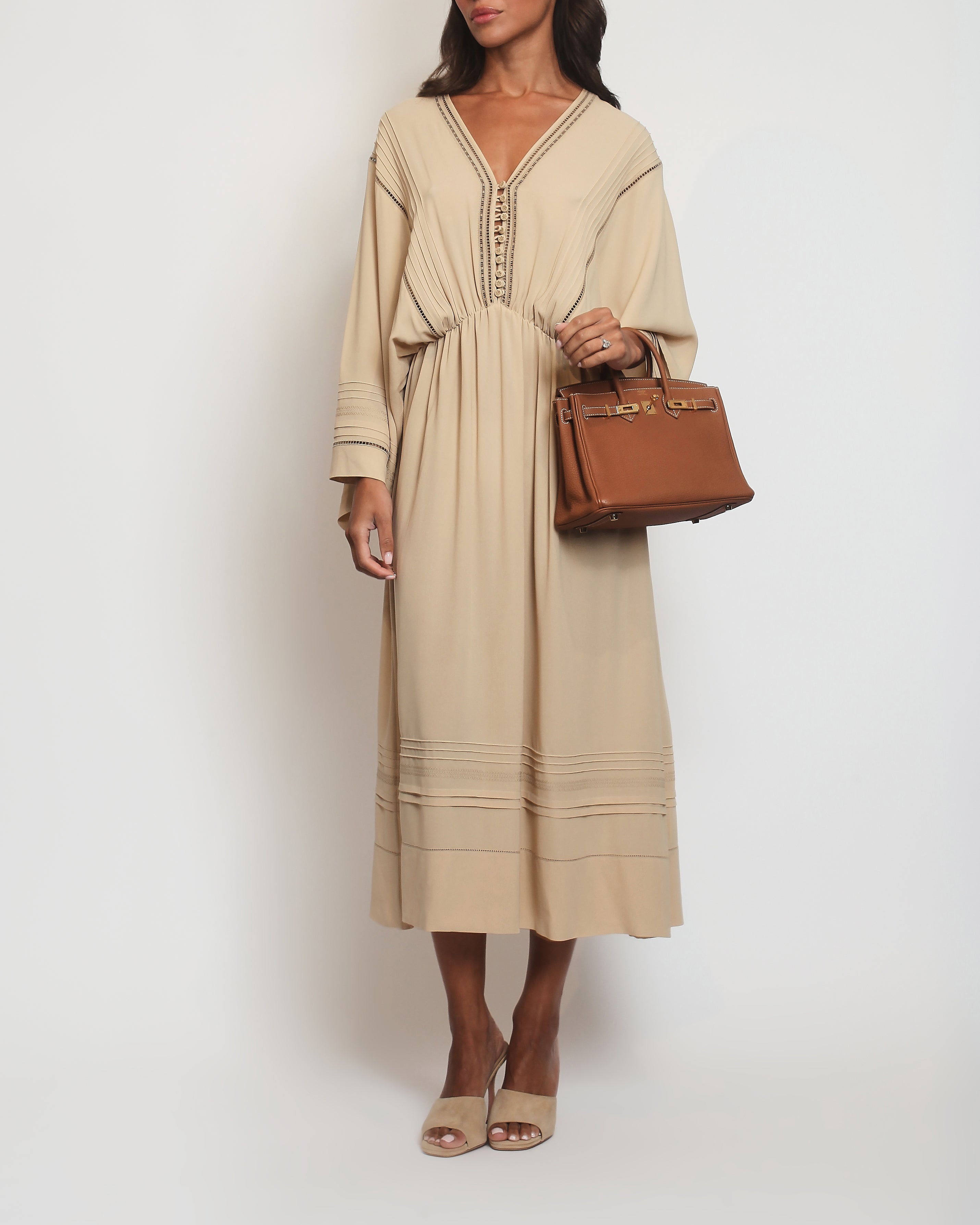 Loro Piana Beige Silk Long Dress with Buttons Detail Size IT M (UK ...