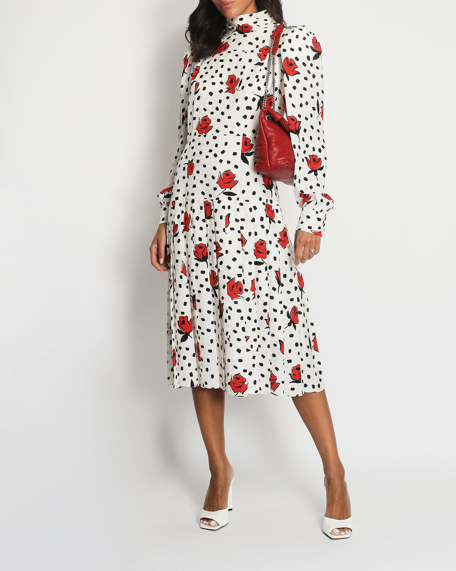 Alessandra Rich Black and White Polkadot Silk Long-Sleeve Midi Dress with Red Floral Details Size IT 44 (UK 12)