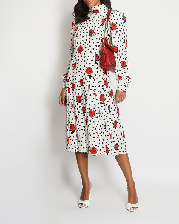 Alessandra Rich Black and White Polkadot Silk Long-Sleeve Midi Dress with Red Floral Details Size IT 44 (UK 12)