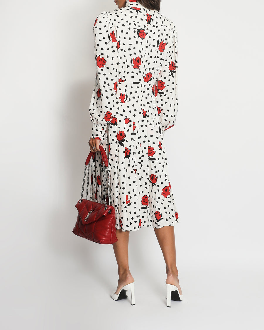 Alessandra Rich Black and White Polkadot Silk Long-Sleeve Midi Dress with Red Floral Details Size IT 44 (UK 12)