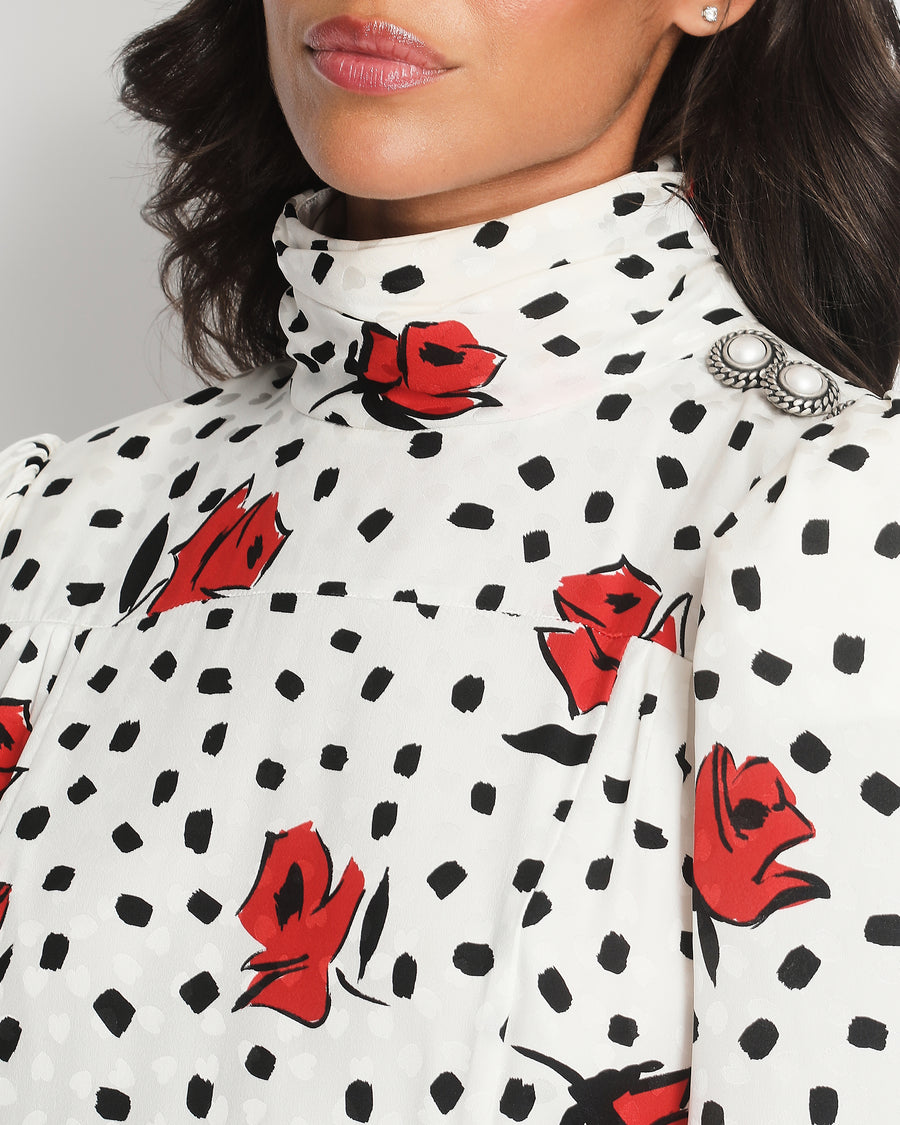 Alessandra Rich Black and White Polkadot Silk Long-Sleeve Midi Dress with Red Floral Details Size IT 44 (UK 12)