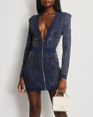 Balmain Blue Lace Mini Dress with Gold Zip Detail Size FR 38 (UK 10)