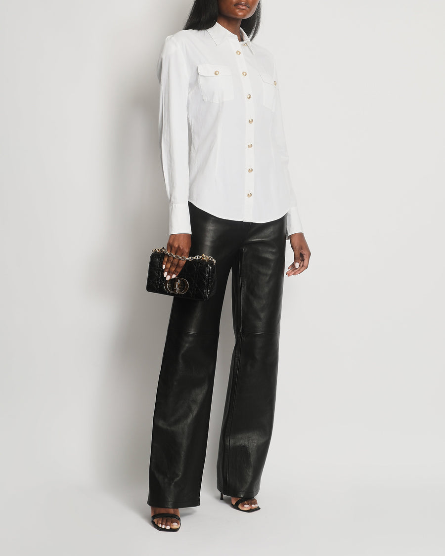 Balmain White Shirt with Gold Buttons and Shoulder Pad Details Size FR 40 (UK 12)