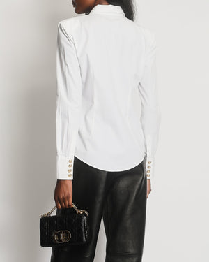 Balmain White Shirt with Gold Buttons and Shoulder Pad Details Size FR 40 (UK 12)