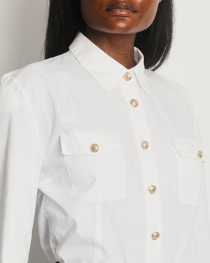 Balmain White Shirt with Gold Buttons and Shoulder Pad Details Size FR 40 (UK 12)