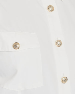 Balmain White Shirt with Gold Buttons and Shoulder Pad Details Size FR 40 (UK 12)