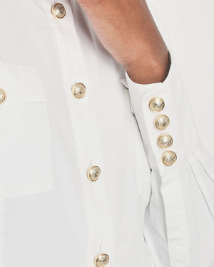 Balmain White Shirt with Gold Buttons and Shoulder Pad Details Size FR 40 (UK 12)