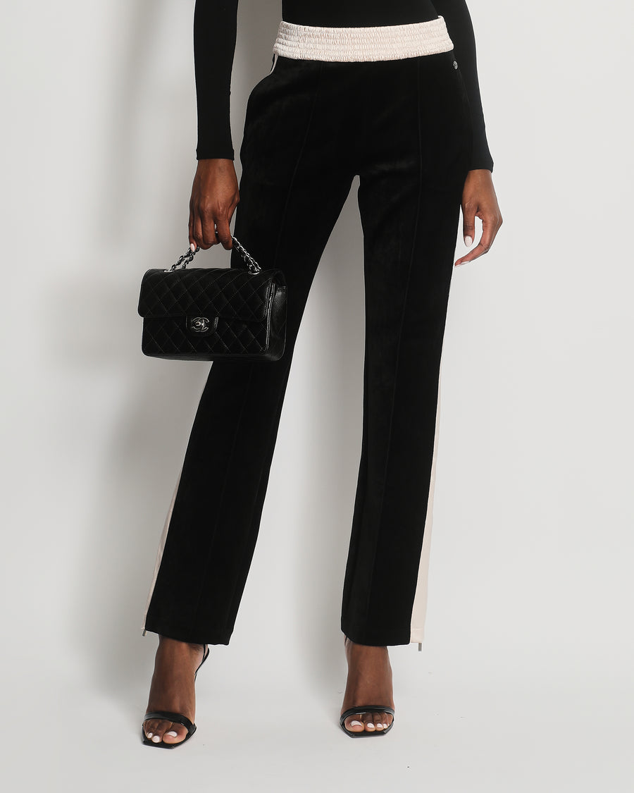 Chanel 18/B Black Velvet Track pants with Zip and CC Button Detail FR 38 (UK 10)